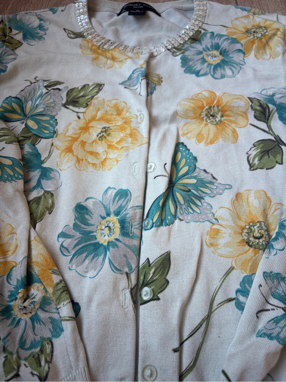 august silk Sequin-Trim Floral Cardigan in Cream, Teal & Yellow